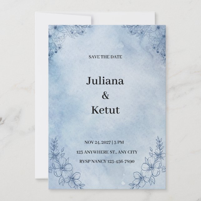 Blue Watercolor Bordered Save the Date Invitation (Front)