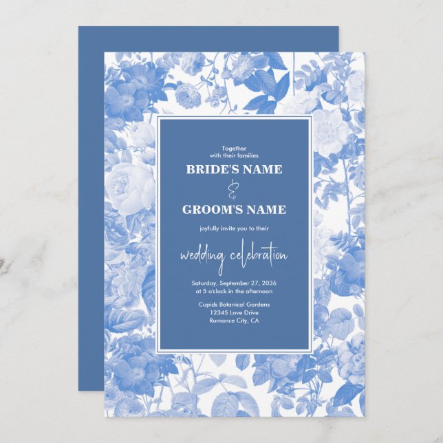 Blue Watercolor Botanical Florals Wedding Invitation (Front/Back)