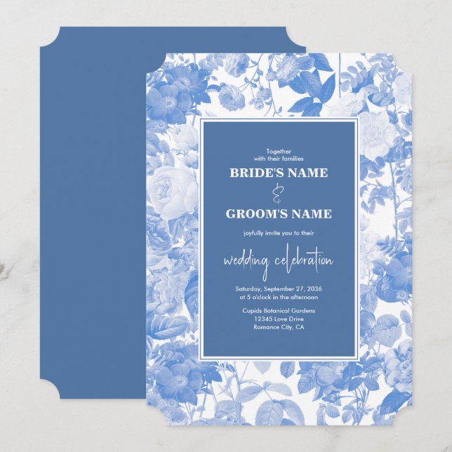 Blue Watercolor Botanical Florals Wedding Invitation (Front/Back)