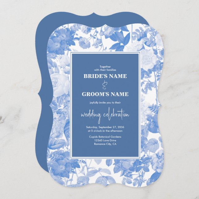 Blue Watercolor Botanical Florals Wedding  Invitation (Front/Back)