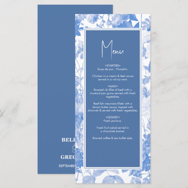 Blue Watercolor Botanical Florals Wedding  Menu (Front/Back)