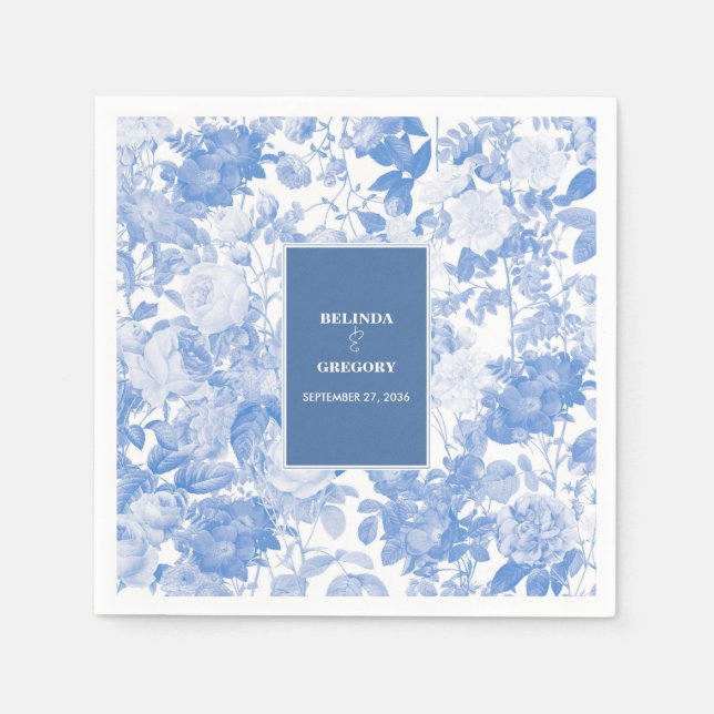 Blue Watercolor Botanical Florals Wedding   Napkin (Front)