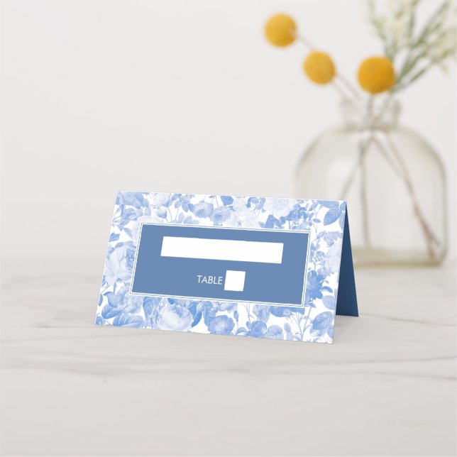 Blue Watercolor Botanical Florals Wedding Place Card (Front)