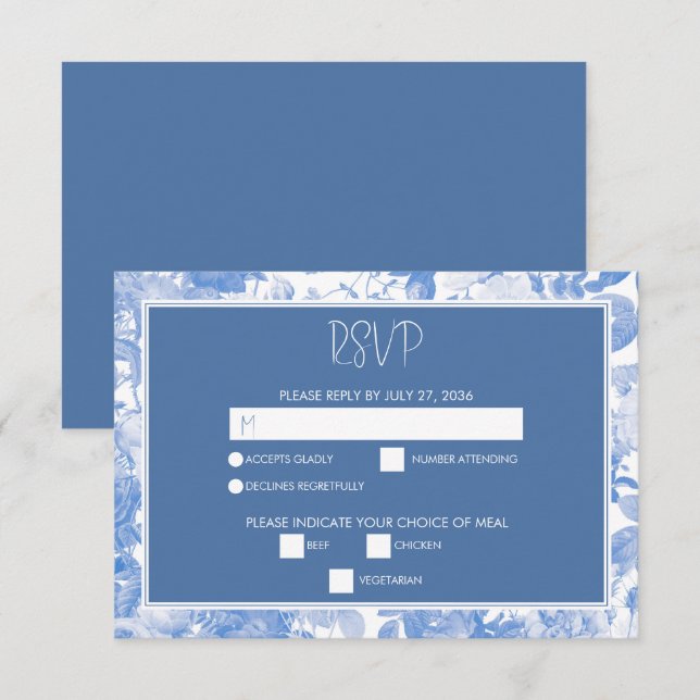 Blue Watercolor Botanical Florals Wedding  RSVP Card (Front/Back)