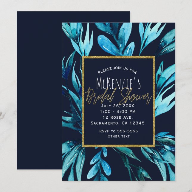 Blue Watercolor Botanical Glam Bridal Shower  Invitation (Front/Back)
