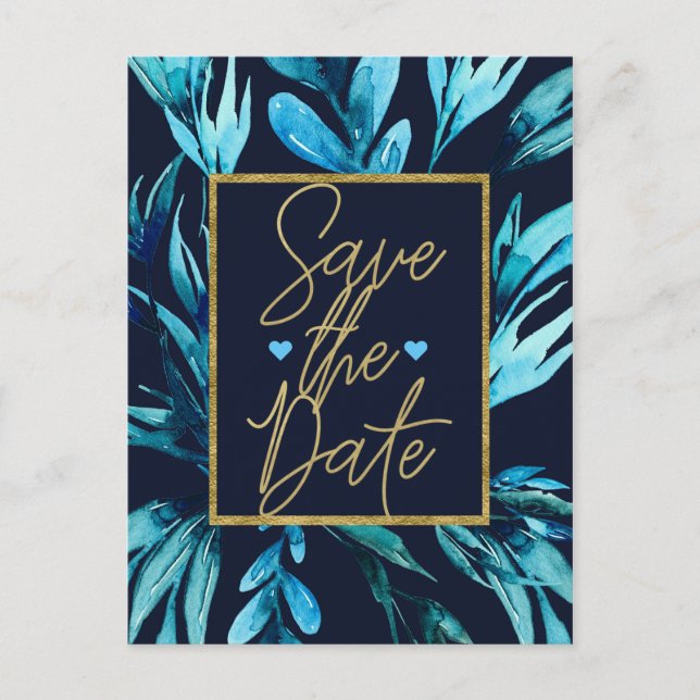 Blue Watercolor Botanical Glam Save the Date Announcement Postcard (Front)