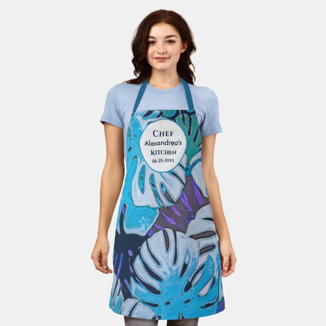 Blue Watercolor Botanical Leaves Personalise Chef  Apron (Worn)