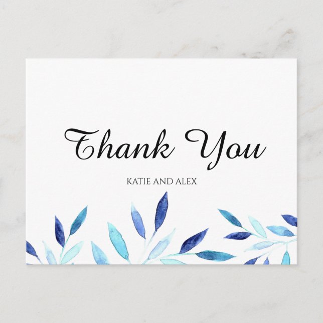 Blue Watercolor Botanical Leaves Thank You Postcard (Front)
