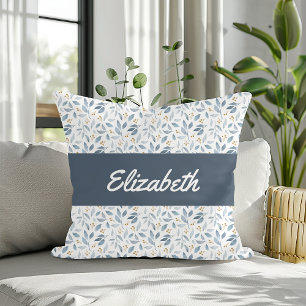 Blue Watercolor Botanical Pattern Custom Name Cushion
