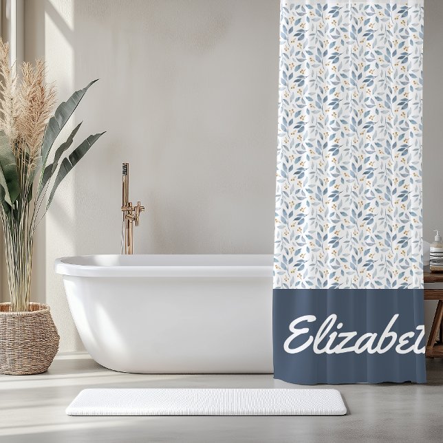 Blue Watercolor Botanical Pattern Custom Name Shower Curtain (Creator Uploaded)