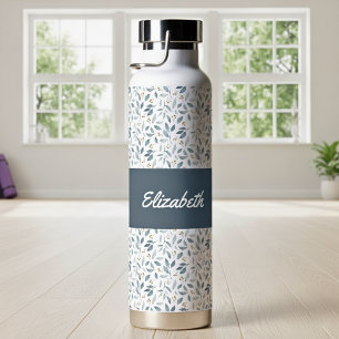 Blue Watercolor Botanical Pattern Name Water Bottle