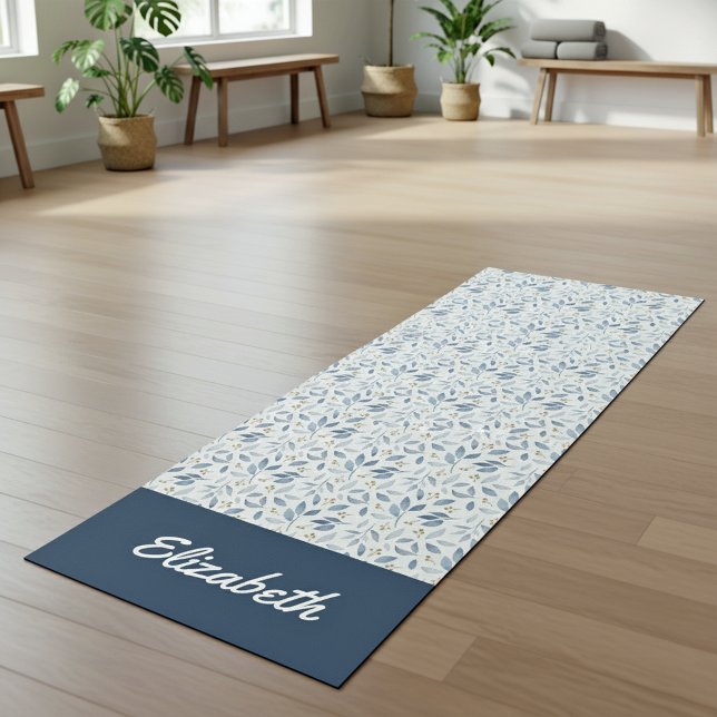Blue Watercolor Botanical Pattern Name Yoga Mat (Creator Uploaded)