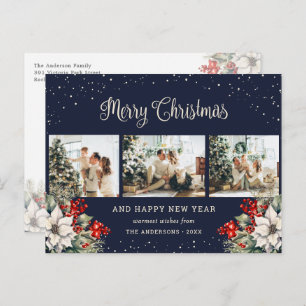 Blue Watercolor Botanical Snow Photo Collage Holiday Postcard