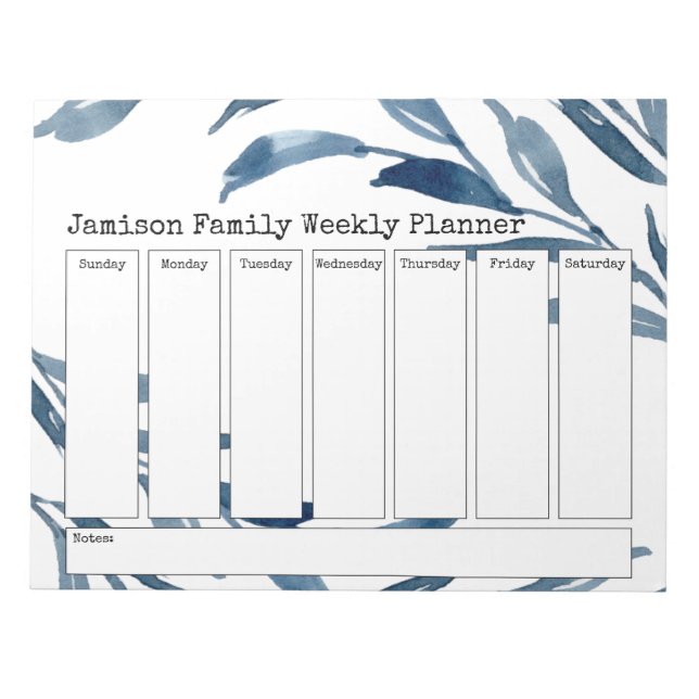 Blue Watercolor Botanicals Weekly Planner Notepad (Front)