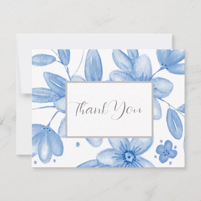 Blue Watercolor Bouquet Thank You Card (Front)