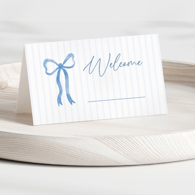 Blue Watercolor Bow Baby Shower Place Card (Baby shower place card with hand drawn watercolor bow )