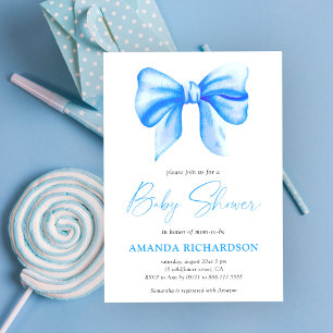 Blue Watercolor Bow Boy Baby Shower Invitation