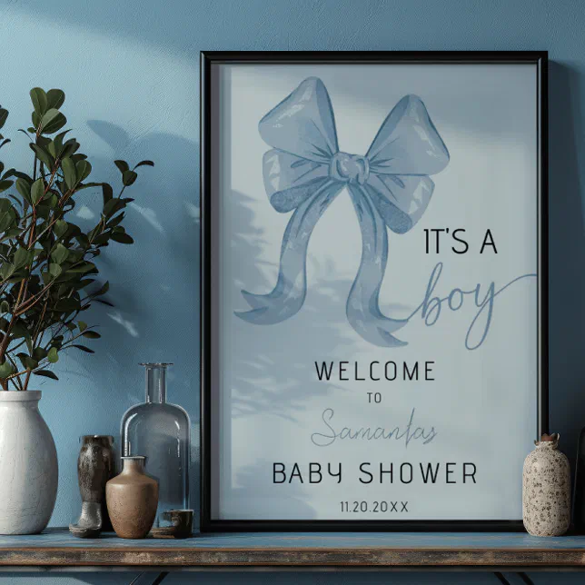 Blue Watercolor Bow Boy Baby Shower Welcome Poster | Zazzle