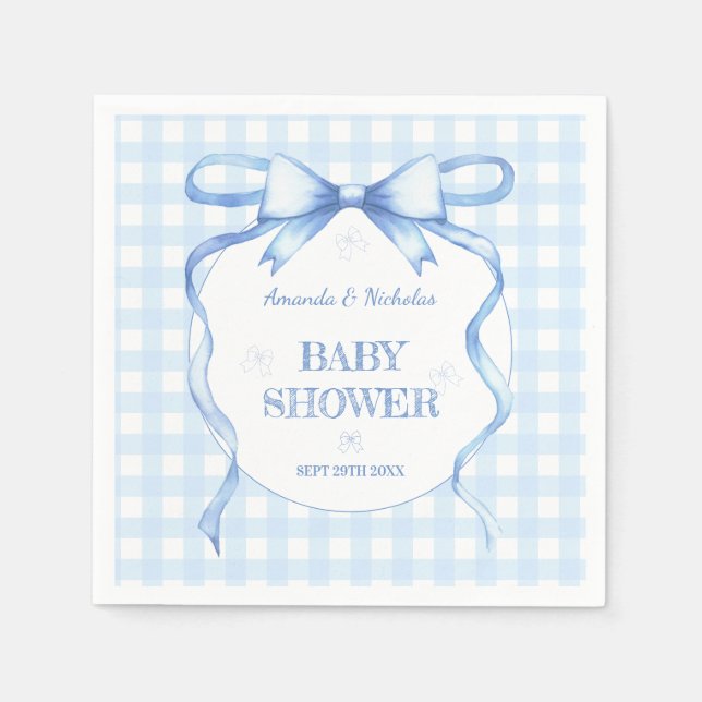 Blue Watercolor Bow Gingham Baby Boy Shower Napkin (Front)