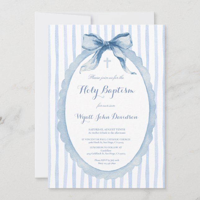 Blue Watercolor Bow & Stripe Baptism Invitation (Front)