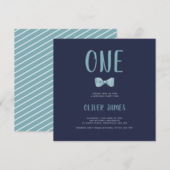 Blue Watercolor Bow Tie First Birthday Party Invitation (Front/Back)