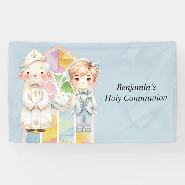 Blue Watercolor Boy 1st. Communion  Banner (Horizontal)