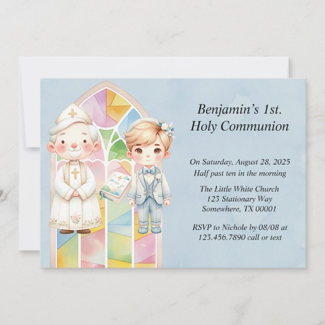 Blue Watercolor Boy 1st. Communion  Invitation (Front)