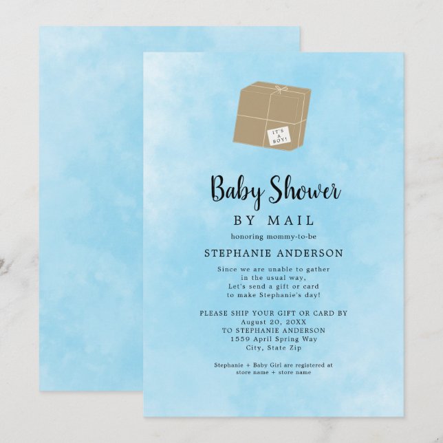Blue Watercolor Boy Baby Shower by mail Invitation (Front/Back)