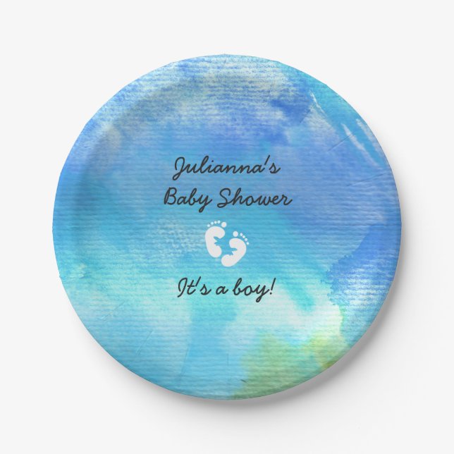 Blue Watercolor boy baby shower paper plates (Front)