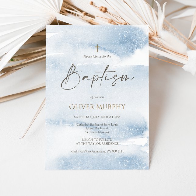Blue Watercolor Boy Baptism Invitation Card (Blue Watercolor Boy Baptism Invitation Card)