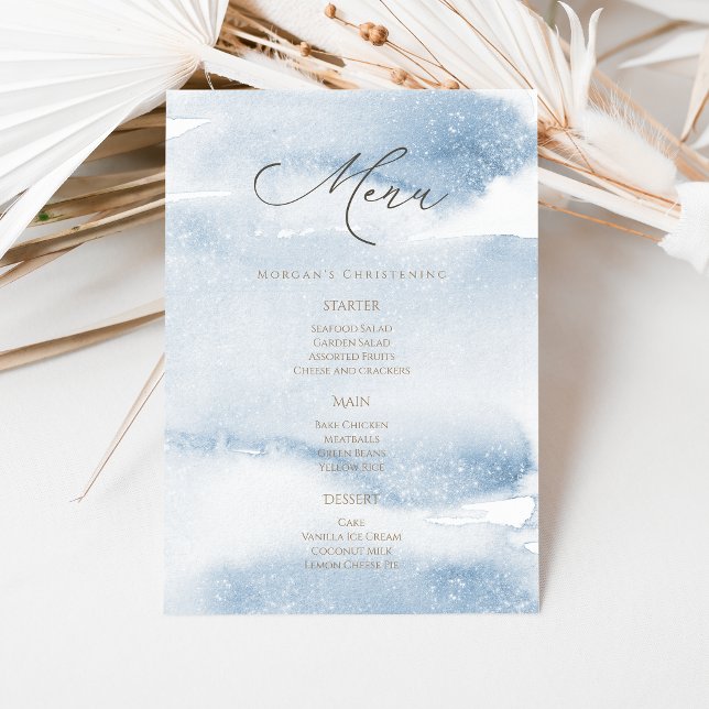 Blue Watercolor Boy Christening Menu Card (Blue Watercolor Boy Christening Menu Card)