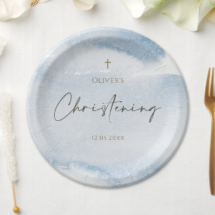 Blue Watercolor Boy Christening Paper Plates