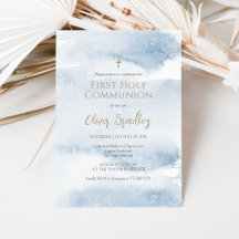 Blue Watercolor Boy First Communion Invitation