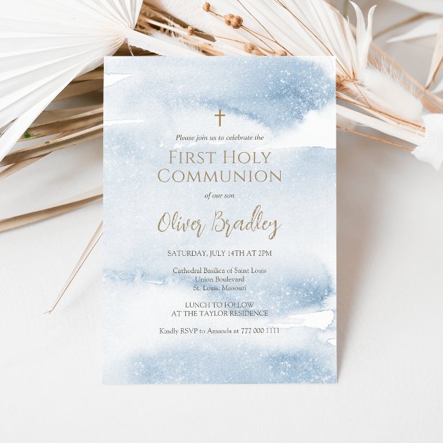 Blue Watercolor Boy First Communion Invitation (Blue Watercolor Boy First Communion Invitation)