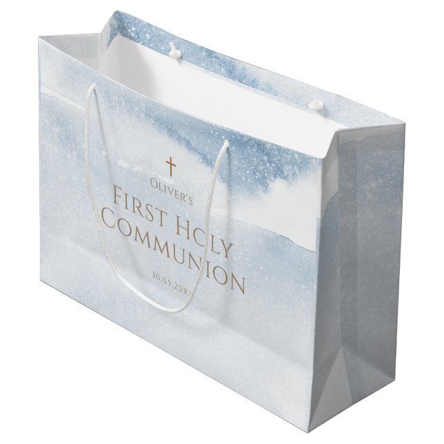 Blue Watercolor Boy First Communion Large Gift Bag (Front Angled)