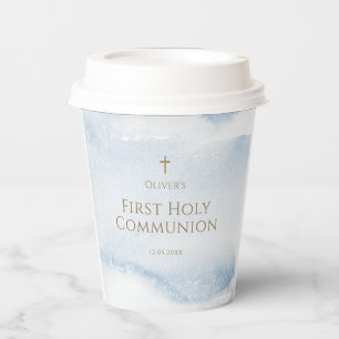 Blue Watercolor Boy First Communion Paper Cups