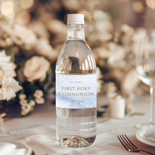 Blue Watercolor Boy First Communion Water Bottle Label