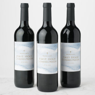 Blue Watercolor Boy First Communion Wine Label