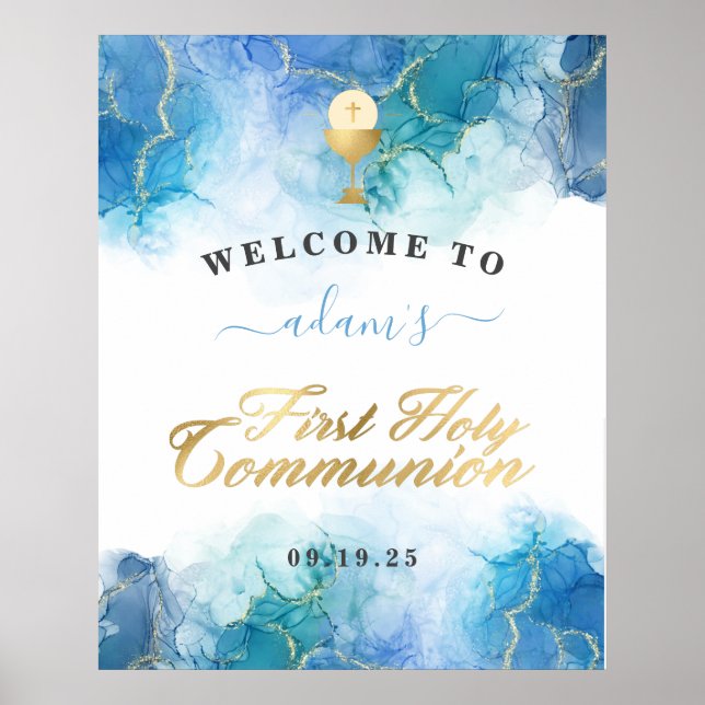 Blue Watercolor Boy First Holy Communion Welcome Poster (Front)