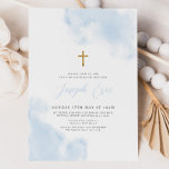 Blue Watercolor Boy Gold Cross Christening Baptism Invitation<br><div class="desc">Blue watercolour with faux gold religious cross invitation. A modern and elegant Christening or Baptism invitation for your little boy's special day.</div>