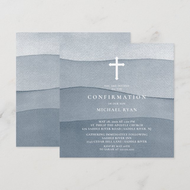 Blue Watercolor Boys Confirmation Invitation (Front/Back)