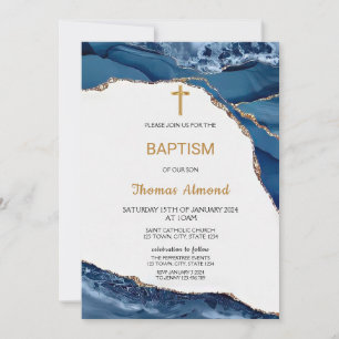 Blue Watercolor Boys Gold Baptism Invitation
