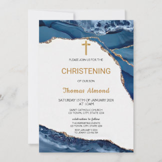 Blue Watercolor Boys Gold CHRISTENING Invitation