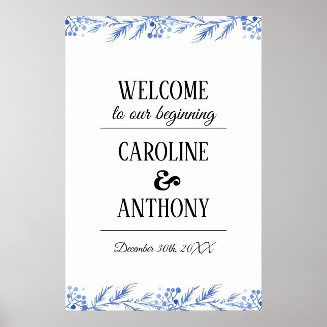 Blue Watercolor Branches Wedding Welcome Sign (Front)