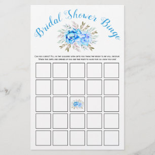 Blue watercolor  bridal shower bingo game card