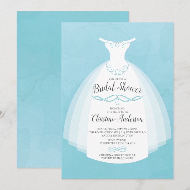 Blue Watercolor Bride Gown Bridal Shower Invitation (Front/Back)