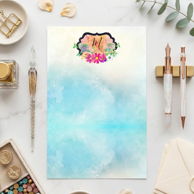 Blue Watercolor Bright Floral Crest Monogram Stationery (Creator Uploaded)