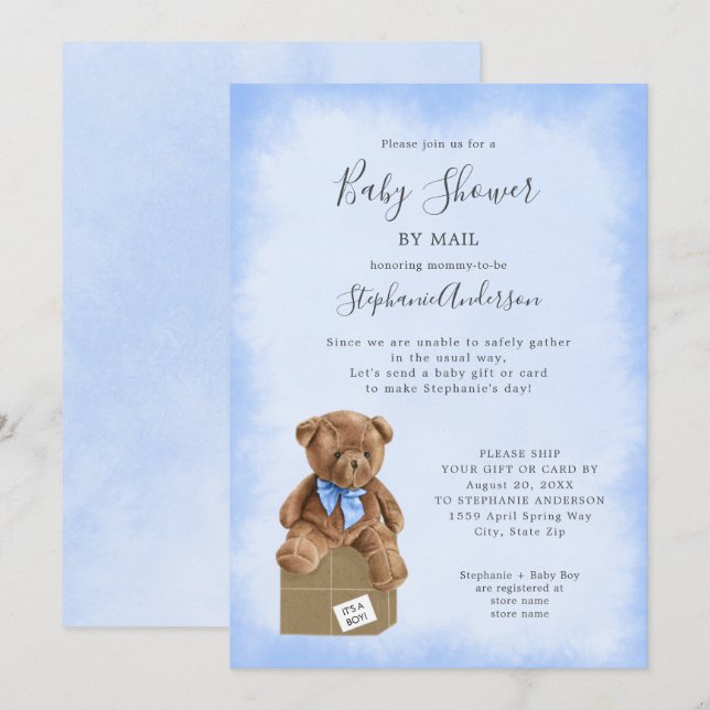 Blue Watercolor Brown Bear Baby Shower by Mail Invitation (Front/Back)