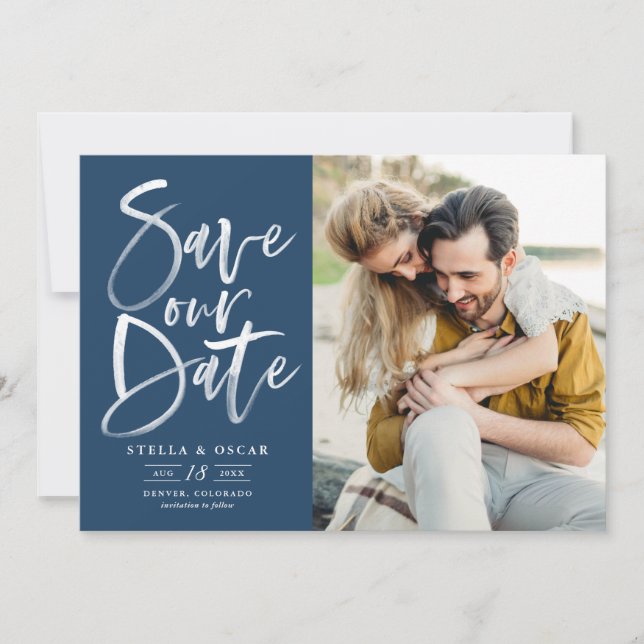 Blue Watercolor Brush Calligraphy Photo Save The Date (Front)