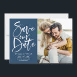 Blue Watercolor Brush Calligraphy Photo Save The Date<br><div class="desc">Blue Watercolor Brush Calligraphy Photo Save Our Date Card | Announce to family and friends your wedding date with this customisable save the date flat card. It features hand-lettered modern calligraphy on navy blue background. This stylish photo save the date card is perfect for any wedding season and theme. Other...</div>